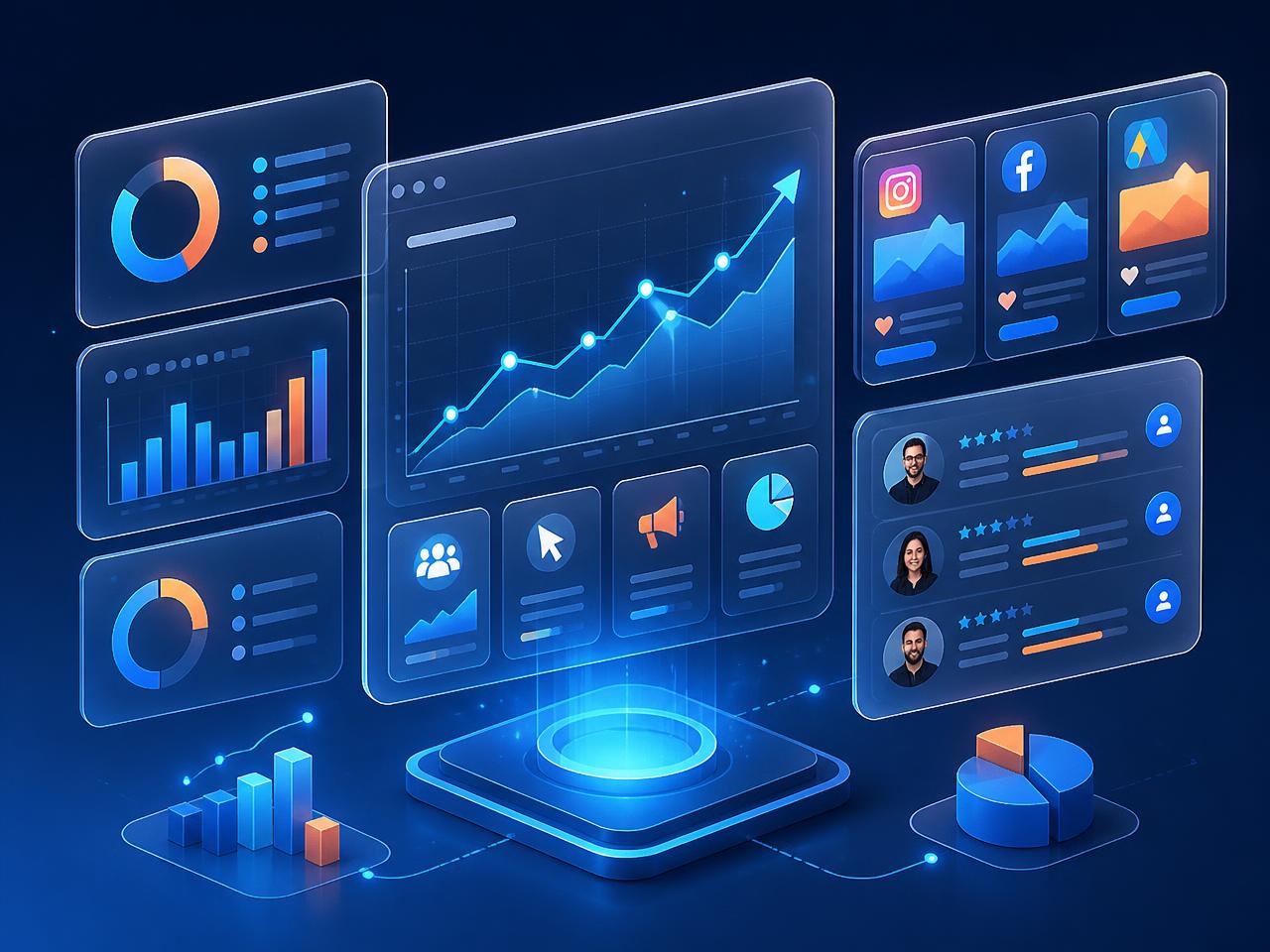 Ilustrasi dashboard campaign digital marketing dan profil talenta digital